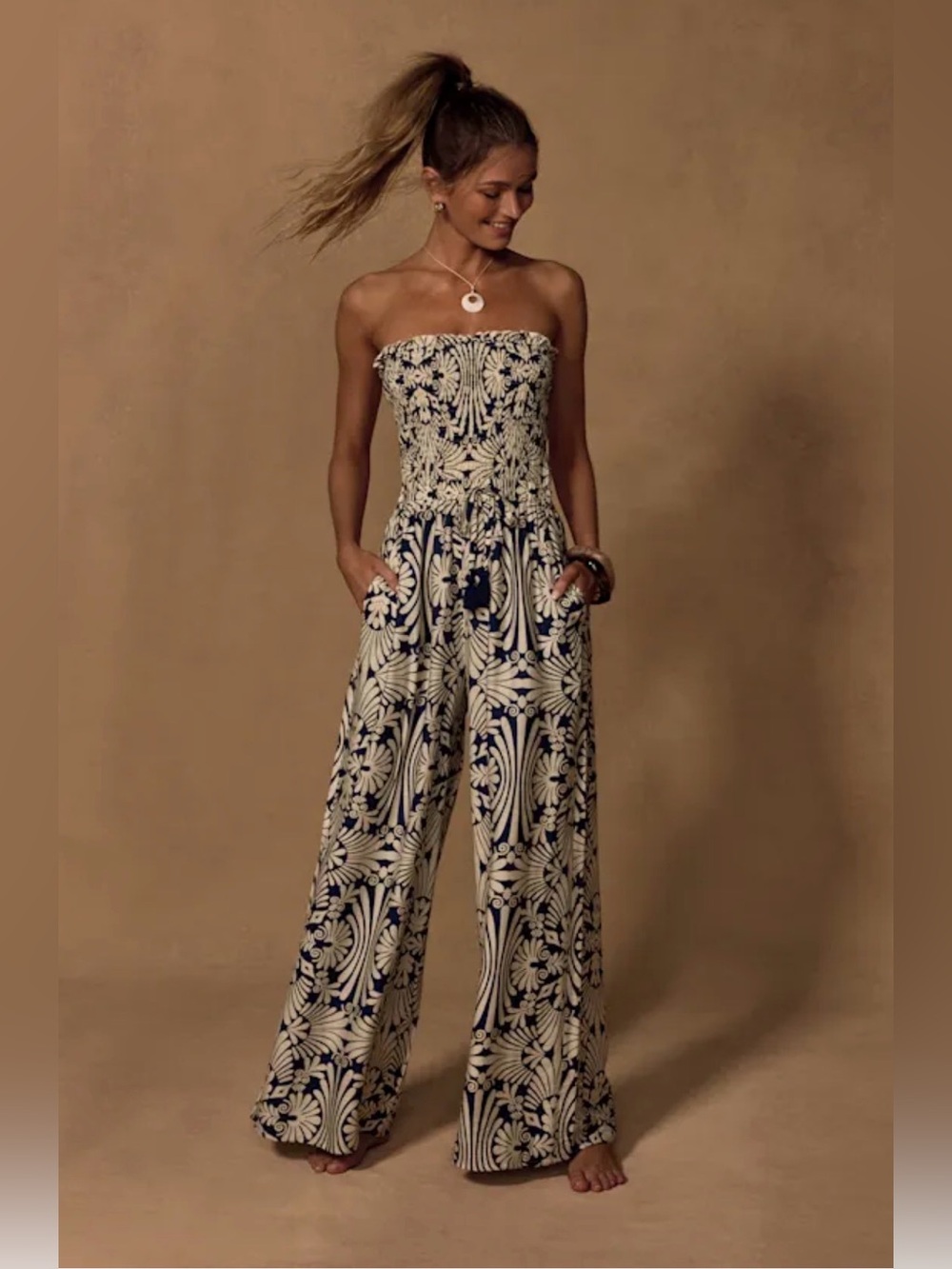 Lulu's Indie Navy & Ivory Boho Print Wide-Leg Jumpsuit